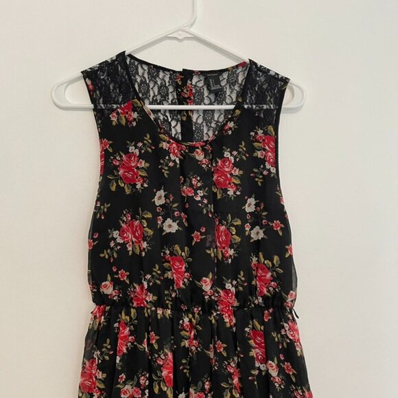 FOREVER 21 Black Red Floral / Sheer Black Lace Back Mini Fit Flare Dress NO BELT - Picture 4 of 16